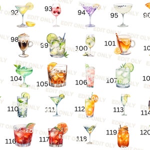 May include: A set of 20 watercolor illustrations of different cocktails and mixed drinks. Each illustration is numbered from 91 to 120. The illustrations are on a white background.