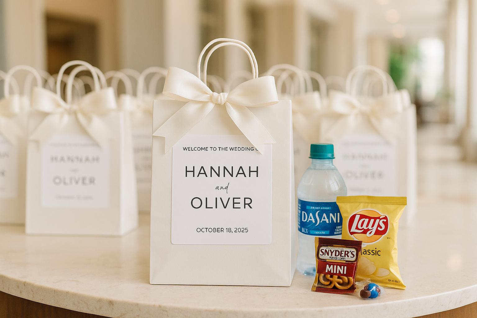 Wedding Welcome Bag FULL SET - Assembled Welcome Bag for Hotel Guests -  White Paper bag with bow, \u0026 custom sticker(2 sizes of bags/stickers), image size:1536x1024