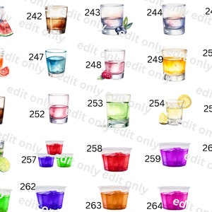May include: A set of 26 colorful shot glasses and plastic cups, each filled with a different liquid and garnished with fruit. The glasses are arranged in a grid pattern on a white background.