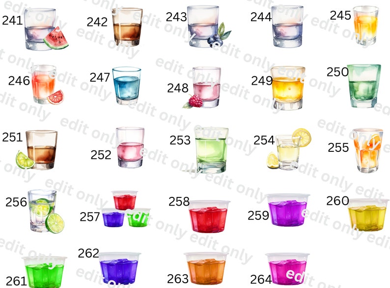 May include: A set of 26 colorful shot glasses and plastic cups, each filled with a different liquid and garnished with fruit. The glasses are arranged in a grid pattern on a white background.