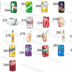 May include: A collection of 30 different beverage cans and bottles, including popular brands like Coca-Cola, Sprite, Fanta, Dr Pepper, and 7 Up. The cans and bottles are arranged in a grid pattern on a white background.