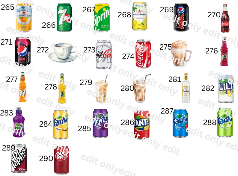 May include: A collection of 30 different beverage cans and bottles, including popular brands like Coca-Cola, Sprite, Fanta, Dr Pepper, and 7 Up. The cans and bottles are arranged in a grid pattern on a white background.