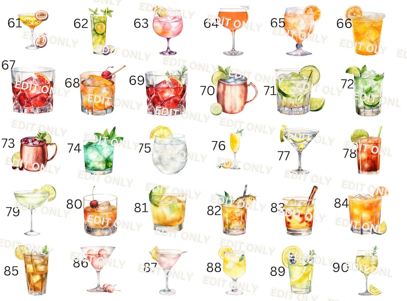 May include: A set of 90 watercolor illustrations of different cocktails and drinks. Each illustration is numbered and features a variety of colors and ingredients.