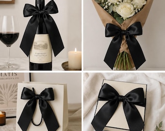 Black Satin Ribbon Bows Set of 10 – 5.5”x6” – Perfect for Invitations, Gifts & Wedding Decor - Large Ribbon Bows