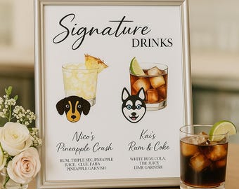Printed Pets Signature Drink Sign - PHYSICAL PRINTED SIGNAGE Printed Cardstock Paper Sign- All Breeds Cats & Dogs are listed in description
