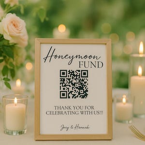 Honeymoon Fund QR-Code Beschilderung für Hochzeitsgäste - Physischer Druck auf KARTON. Honeyfund, Venmo, Cashapp, Paypal QR Code Zeichen für Hochzeit