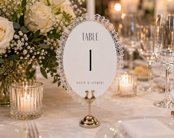 Personalized Lace Wedding Table Numbers, Custom Reception Table Cards, 4x6 or 5x7 Oval Table Numbers with Lace Trim