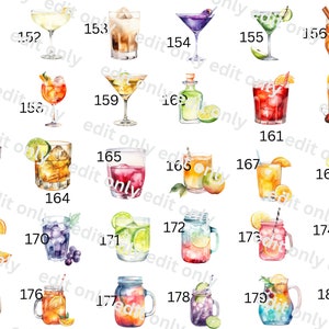 May include: A collection of 18 watercolor illustrations of different cocktails and mixed drinks. Each illustration is numbered and features a variety of colors and ingredients.