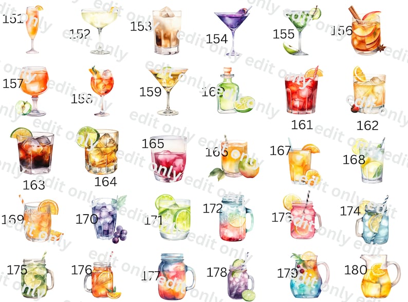 May include: A collection of 18 watercolor illustrations of different cocktails and mixed drinks. Each illustration is numbered and features a variety of colors and ingredients.