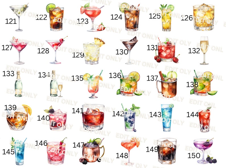 May include: A collection of 15 watercolor illustrations of different cocktails and drinks. The illustrations are numbered 121 through 150. The drinks include a variety of colors and styles, such as margaritas, martinis, and daiquiris.