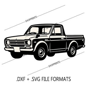 May include: Black and white silhouette of a vintage pickup truck with a white bed and the number "620" on the side. The truck is facing forward and has a simple design.