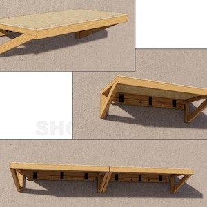 Puede incluir: Tres estantes de madera con una estructura de soporte triangular. Los estantes están hechos de madera natural y tienen un acabado marrón claro. Los estantes están montados en una pared y tienen un diseño simple.