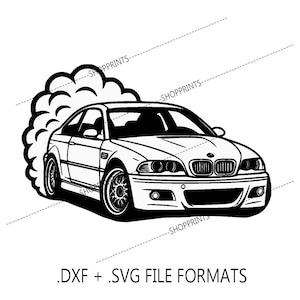 May include: Black and white illustration of a sports car drifting, with a cloud of smoke behind it. The car has detailed features, including the grille, headlights, and wheels. Text at the bottom reads ".DXF + .SVG FILE FORMATS."