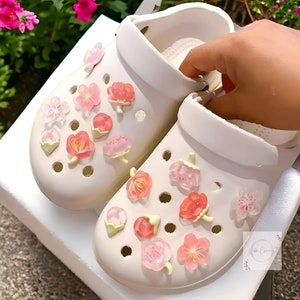 Jelly Spring Flower Cherry Blossom Croc Charms Jibbitz Bogg Bag Charms 16 Piece Bundle, Unique Floral Clog Shoe Charm Decoration Accessories Pink