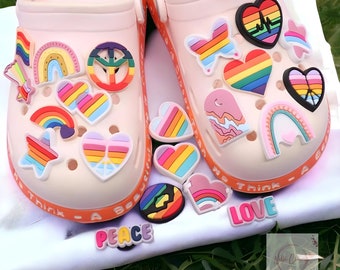 21 Pcs Pride Love Jibbitz Croc Shoe Charms Accessories Bundle, Peace Sign Colorful Rainbow Shoe Croc Slipper Charms, Love is Love Pride Gift