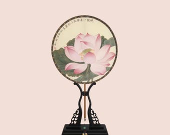 Home Decor | Chinese Gongbi Painting Silk Fan with Jade Bamboo Frame | Gold Rosewood Base Home Decor | Customizable Names & Greetings