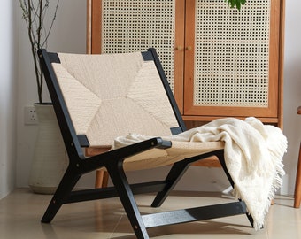 Handwoven Paper Wicker Lounge Chair | wide and stable seat | Oak frame | painted black