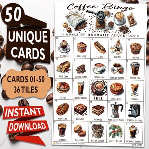 Coffee Bingo: una miscela di avventure aromatiche con 50 carte stampabili uniche - passatempo delizioso per tutte le età - Download istantaneo CB3E