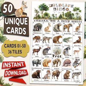 Bingo da Vida Selvagem: Embarque em uma Busca Selvagem com 50 Cartões Imprimíveis Exclusivos - Atividade Divertida para Crianças, Adultos e Idosos - Download Instantâneo BW1B