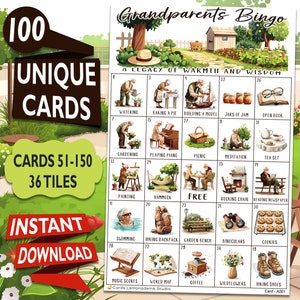 Bingo para abuelos: perfecto para la familia con 100 tarjetas imprimibles únicas - Actividad para personas mayores, adultos y niños - Descarga digital GB3A