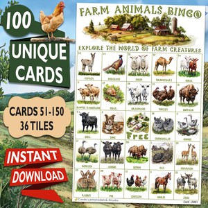 Op de afbeelding: Een kleurrijke bingokaart met boerderijdieren. De kaart heeft 36 vakjes met afbeeldingen van dieren zoals alpaca, fazant, schaap, en meer. De kaart is getiteld "Farm Animals Bingo" en zegt "Explore the World of Farm Creatures".