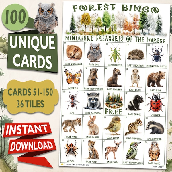 Forest Bingo: 100 unique printable cards of Miniature Treasures of the Forest - Fun activity for kids and seniors - Instant Delivery BF1A