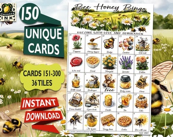 Bingo con miel de abeja: Amor vibrante con 150 tarjetas imprimibles únicas - Actividad divertida para niños, adultos y personas mayores - Entrega instantánea BHB2E