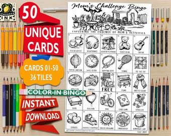 May include: A printable bingo card set with 50 unique cards and 36 tiles. The cards feature black and white illustrations of various activities, such as tea or coffee, headphones, a teddy bear, a guitar, a paper lantern, a wall clock, a skipping rope, tennis, tic-tac-toe, apple pie, a camera, a piano, a knitted scarf, a book, a balloon, a bike, a card game, a stroller, cookies, baseball equipment, a child's drawing, embroidery, and homemade jam. The text "Mom's Challenge Bingo" is at the top of the card. The text "Exploring the Essence of Mom's Activities" is below the title. The text "Color-in Bingo" is in a red banner at the bottom of the card. The text "Instant Download" is in a red banner below the "Color-in Bingo" banner.