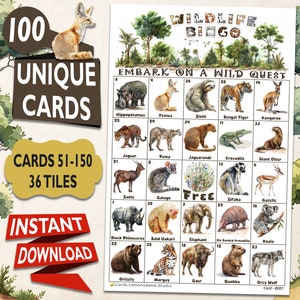 Bingo de vida silvestre: Embárcate en una búsqueda salvaje con 100 tarjetas imprimibles únicas - Actividad divertida para personas mayores, adultos y niños - Descarga instantánea BW1B