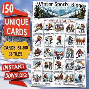May include: A colorful bingo card with 36 winter sports activities, including speed skiing, ice hockey, snowmobiling, ski jumping, and ice sculpting. The card is titled "Winter Sports Bingo" and has the phrase "Unwind and Play" at the top.