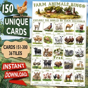 Op de afbeelding: Een Farm Animals Bingo spel met 150 unieke kaarten en 36 tegels. Het spel bevat illustraties van verschillende boerderijdieren, waaronder een paard, een kip en een alpaca. De tekst "Instant Download" is in het rood weergegeven.