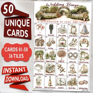 Bingo de bodas: Celebración del amor con 50 tarjetas imprimibles únicas - Actividad divertida para niños, adultos y personas mayores - Descarga instantánea WB3D