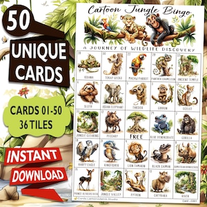 Bingo nella giungla dei cartoni animati: divertente scoperta della fauna selvatica con 50 carte stampabili uniche - Un'avventura nella giungla per tutte le età - Download istantaneo CJB3C