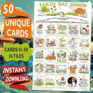 Eco-Bingo voor Dag van de Aarde: Groene Harmonie met 50 unieke afdrukbare kaarten - Leuke activiteit voor kinderen, volwassenen en senioren - Instant Download EDB2B