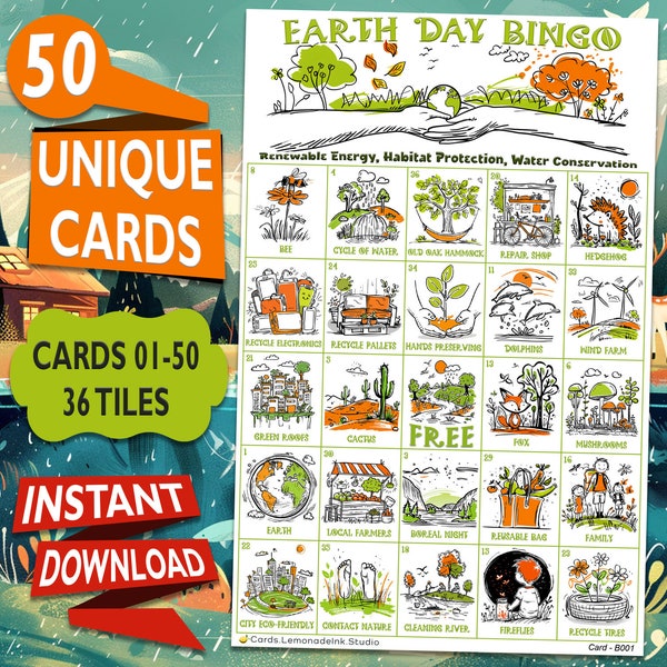 Eco-Bingo for Earth Day: Green Harmony with 50 Unique Printable Cards - Fun Activity for Kids, Adults and Seniors - Instant Download EDB2B