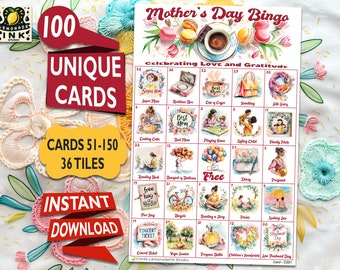 Mother's Day Bingo: Celebrate Gratitude with 100 Unique Printable Cards - Fun Activity for All Ages - Digital Download MDB2C