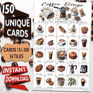 Kaffee Bingo: Kaffee Traditionen genießen mit 150 einzigartigen druckbaren Karten - Lustige Aktivität für jedes Alter - Digitaler Download CB3E