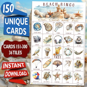 May include: A beach bingo card with 36 tiles featuring images of beach-themed items like a seashell, a camera, a deckchair, a lifebuoy, a starfish, and a fish. The card is titled "Beach Bingo" and has the text "Sun, Sand, and Fun" at the top. The card is set against a background of a beach scene with sand, seashells, and starfish.