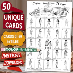 Color Fashion Bingo: inkleuren met 50 unieke printbare kaarten - Leuke activiteit voor kinderen, volwassenen en senioren - Direct downloaden CFB5E