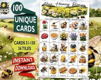 Bee Honey Bingo: Celebrando la naturaleza con 100 tarjetas imprimibles únicas - Actividad divertida para personas mayores, adultos y niños - Descarga digital BHB2E