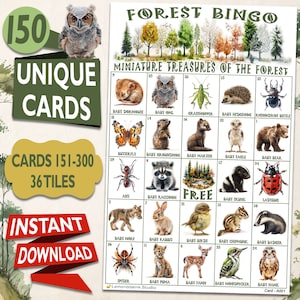 Bingo del Bosque: 150 cartones de bingo imprimibles de Tesoros del Bosque en Miniatura - Actividad divertida para reunión o fiesta - Entrega instantánea BF1A