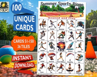May include: A Summer Sports Bingo game card featuring illustrations of sports such as equestrian, football, and yoga. The card displays the text "100 UNIQUE CARDS" and "INSTANT DOWNLOAD". It includes 36 tiles and is designed for leisure activities and relaxation.