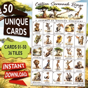 Cartoon Savannah Bingo: divertente scoperta della fauna selvatica con 50 carte stampabili uniche - incontro per ogni generazione - download immediato CSB3B