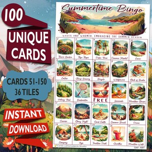 Summertime Bingo: Summer Season with 100 Unique Printable Cards - Fun Activity for All Ages - Digital Download SB2A