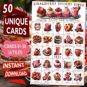 以下が含まれることがあります： イチゴをテーマにしたデザートやスイーツの水彩画イラストが36マスに描かれた、印刷可能なビンゴカード。カードのタイトルは「Strawberry Delight Bingo」で、「Sugary, Sweet, and Delicious」というテキストが含まれています。