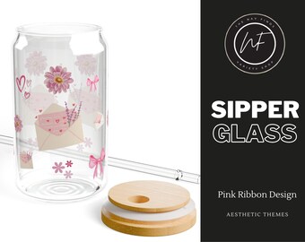 Pink Ribbon Design Transparent Glass Sipper Glass with Pink Ribbon Design, Ribbon Tumbler Drinkware, Gift for Her  Ribbon Tumbler Pink Theme