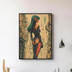 Blue Hair Cyber Girl | Vintage Wall Art, Retro Futurism, Science fiction, Minimalist Collage, Sci-Fi, Cosmic, Cyberpunk, Robot | Digital