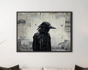 Raven Man | Gothic Dark Moody Collage, Minimalist, Grunge Print, Haunting Macabre Dark Academia, Edgar Allan Poe Crow | Digital Download