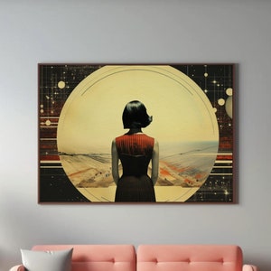 Woman in Stars | Minimalist Wall Art, Retro Futurism, Science fiction, Vintage Collage, Sci-Fi Poster, Cosmic, Planets, Wide | Digital