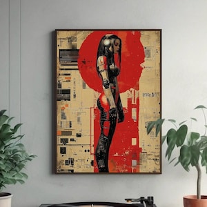 Music Girl | Vintage Wall Art, Retro Futurism, Science fiction, Minimalist Collage, Sci-Fi, Cosmic, Cyberpunk, Robot | Digital